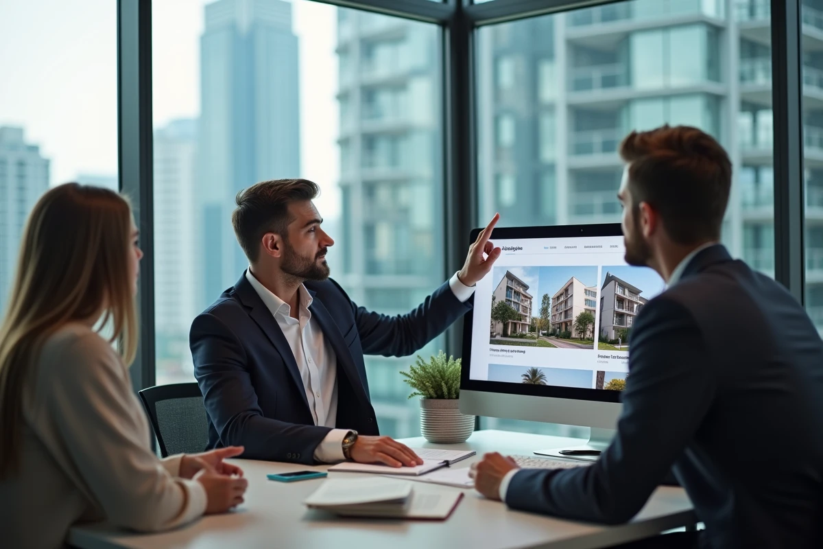 Agent immobilier présentant des annonces en ligne à des clients dans une agence immobilière moderne