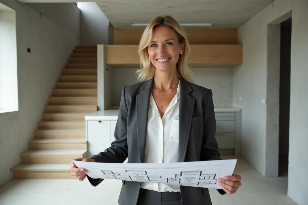 Agent immobilier présentant le plan d'un appartement duplex vide lors d'une visite immobilière
