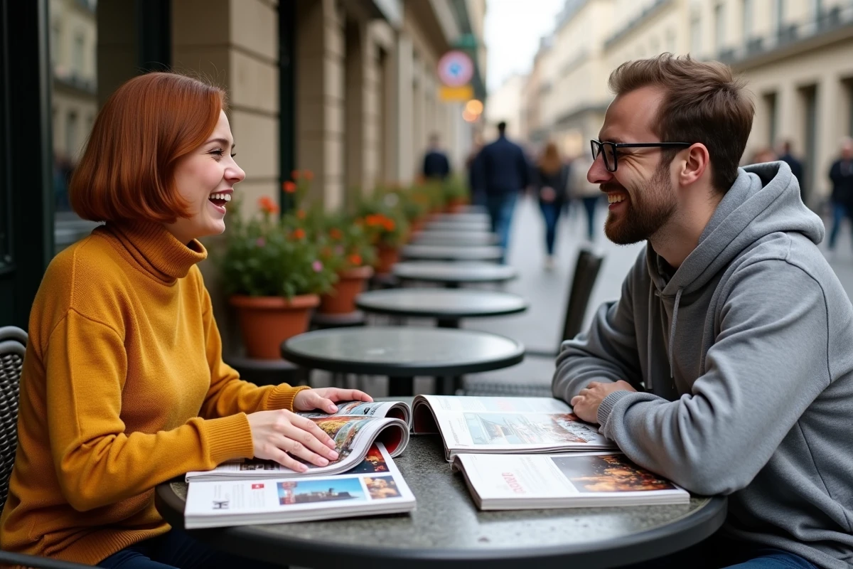 Deux amis discutant autour de magazines variés en terrasse de café pour explorer des sujets du quotidien et enrichir leur culture générale