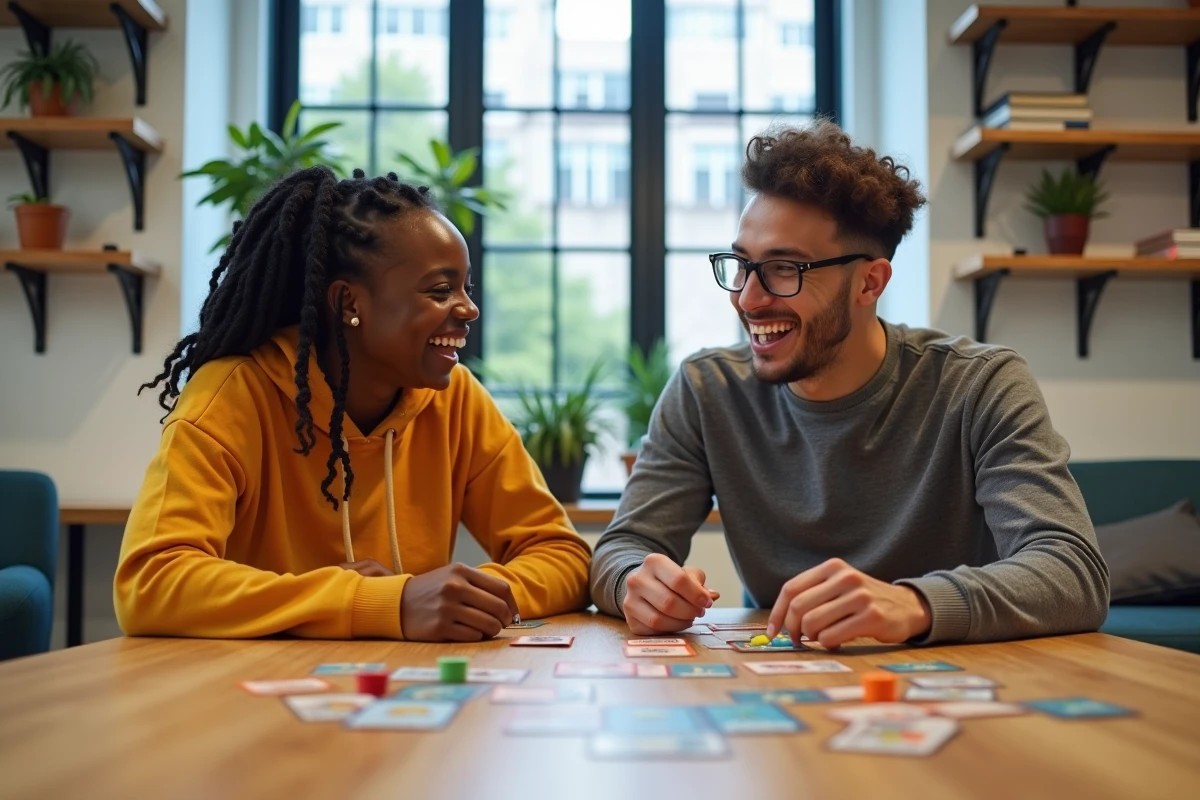 Deux amis jouant à un jeu de société tendance dans un espace coworking convivial