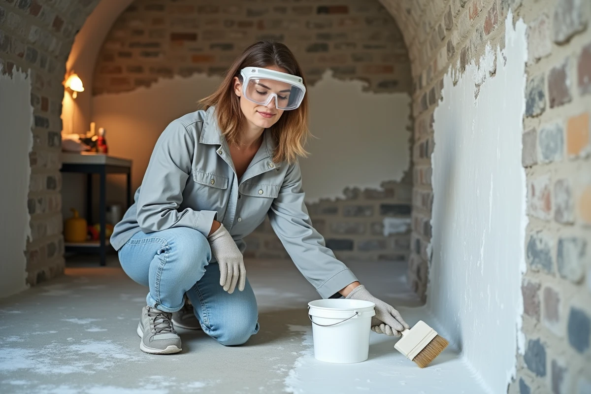 Femme appliquant un produit anti-salpêtre sur les murs d'une cave en cours de rénovation