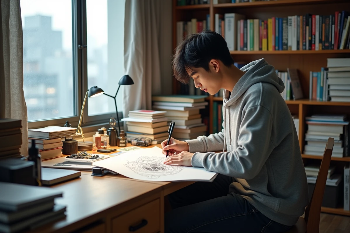 Artiste japonais dessinant des illustrations manga à son bureau dans un appartement de Tokyo