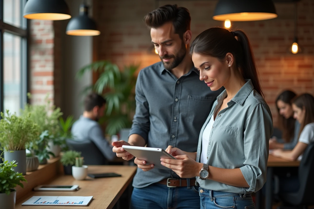 Deux collègues comparant les différences de salaire brut net cadre et non-cadre dans un espace de coworking