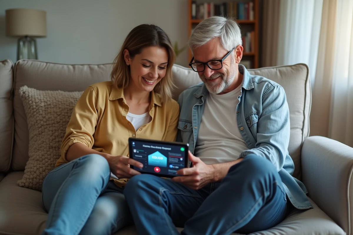 Couple consultant l'application Foyerlumina sur une tablette dans leur salon pour surveiller leur maison