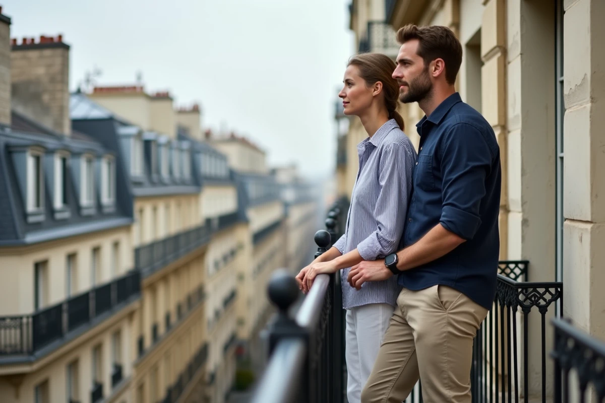 Couple sur le balcon d'un duplex haussmannien parisien avec vue sur les toits de la ville