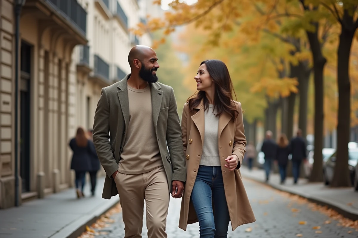 Couple discret et élégant se promenant dans une rue parisienne, représentant la vie privée d'un artiste et de sa compagne