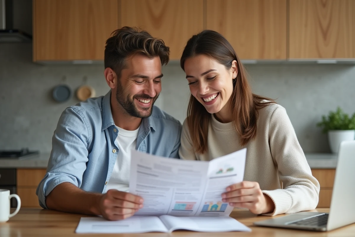 Couple à la maison examinant ensemble des documents de défiscalisation immobilière sur la table de leur cuisine moderne