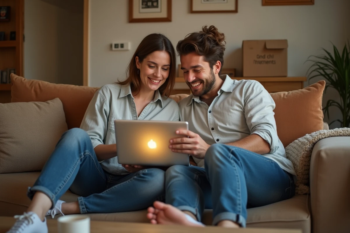 Couple recherchant un bien immobilier en ligne ensemble sur un canapé avec des cartons de déménagement en arrière-plan