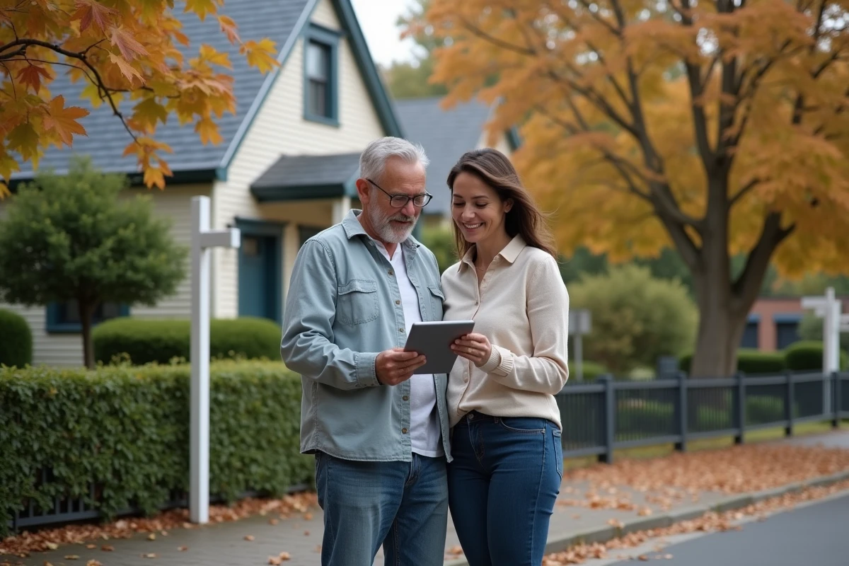 Couple visitant une maison à vendre trouvée grâce à une plateforme immobilière fiable en automne