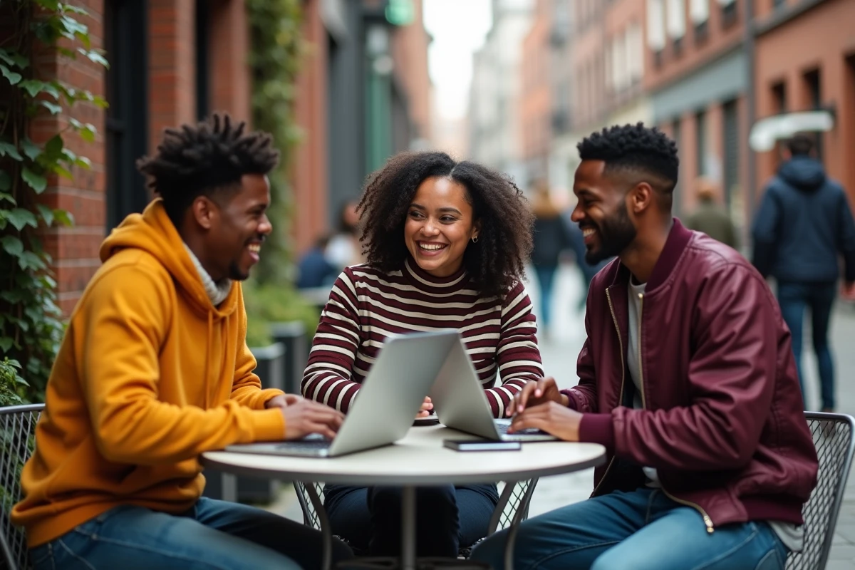 Groupe de créateurs de contenu collaborant autour de laptops en terrasse urbaine, symbolisant les nouvelles stratégies de co-création en marketing d'influence