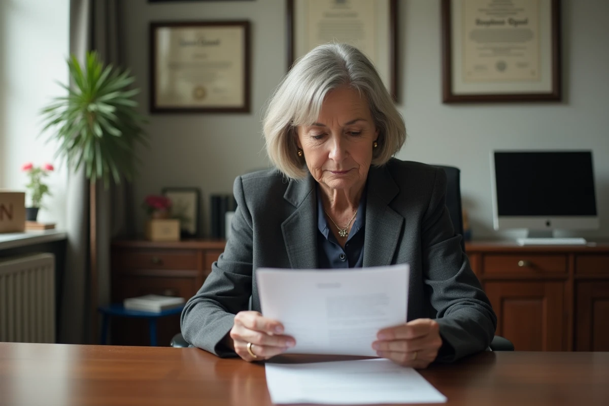 Directrice d'école lisant attentivement un courrier officiel de signalement dans son bureau
