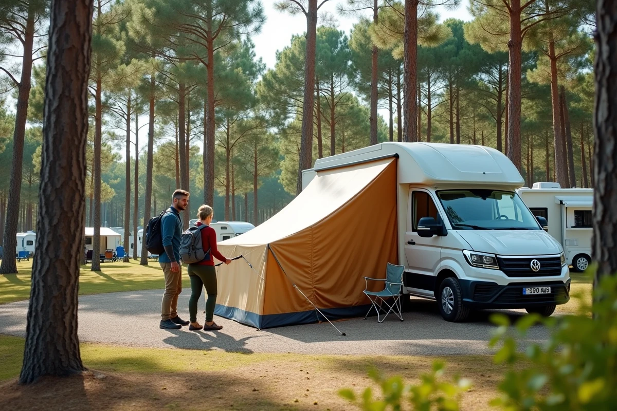 Couple installant une tente sur un emplacement du plus grand camping d'Europe entouré de pins parasols
