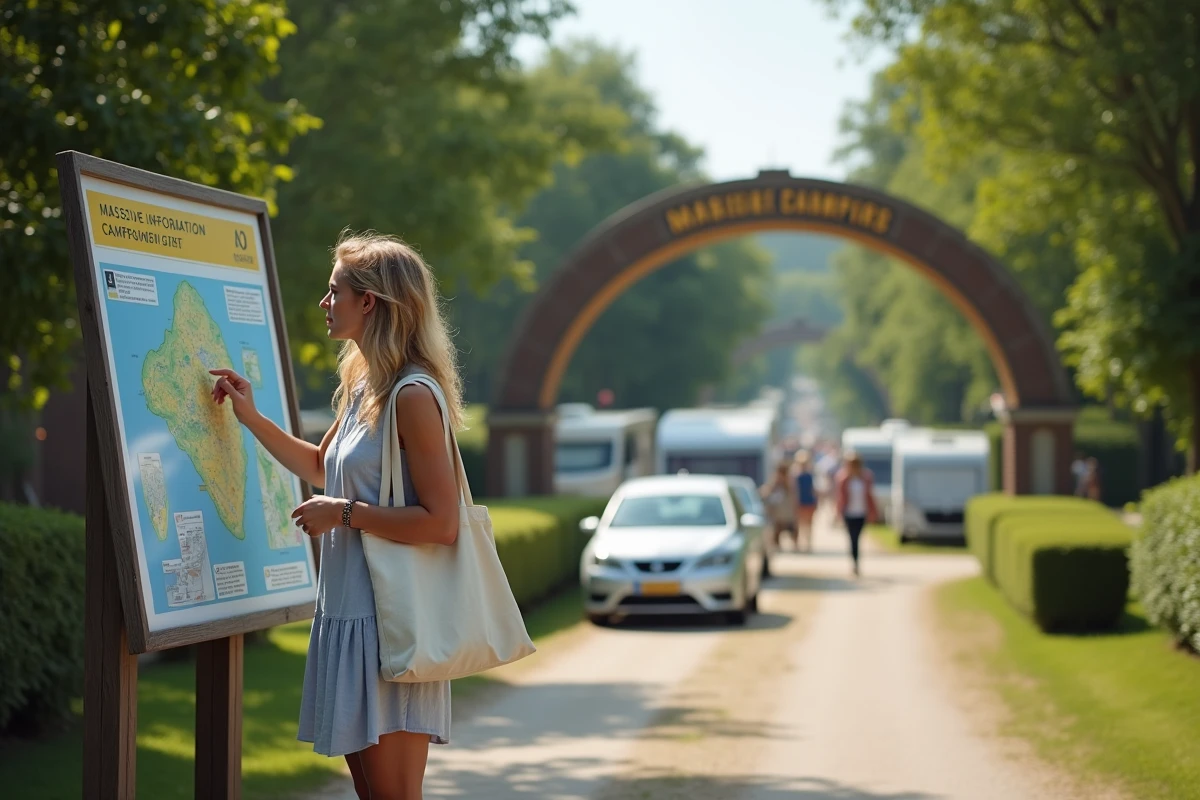 Femme consultant le plan d'un grand camping européen à l'entrée du site touristique