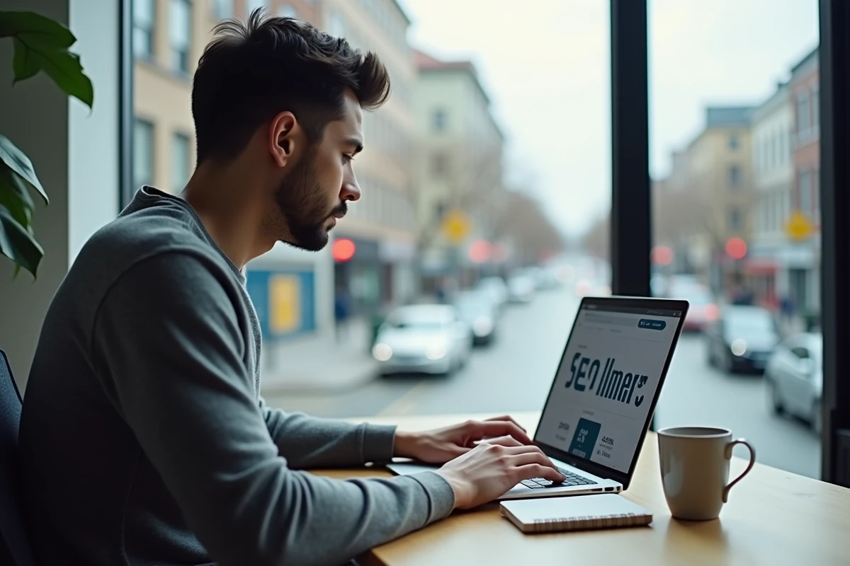 Entrepreneur travaillant seul sur l'optimisation SEO et la visibilité de son site web depuis un bureau à domicile