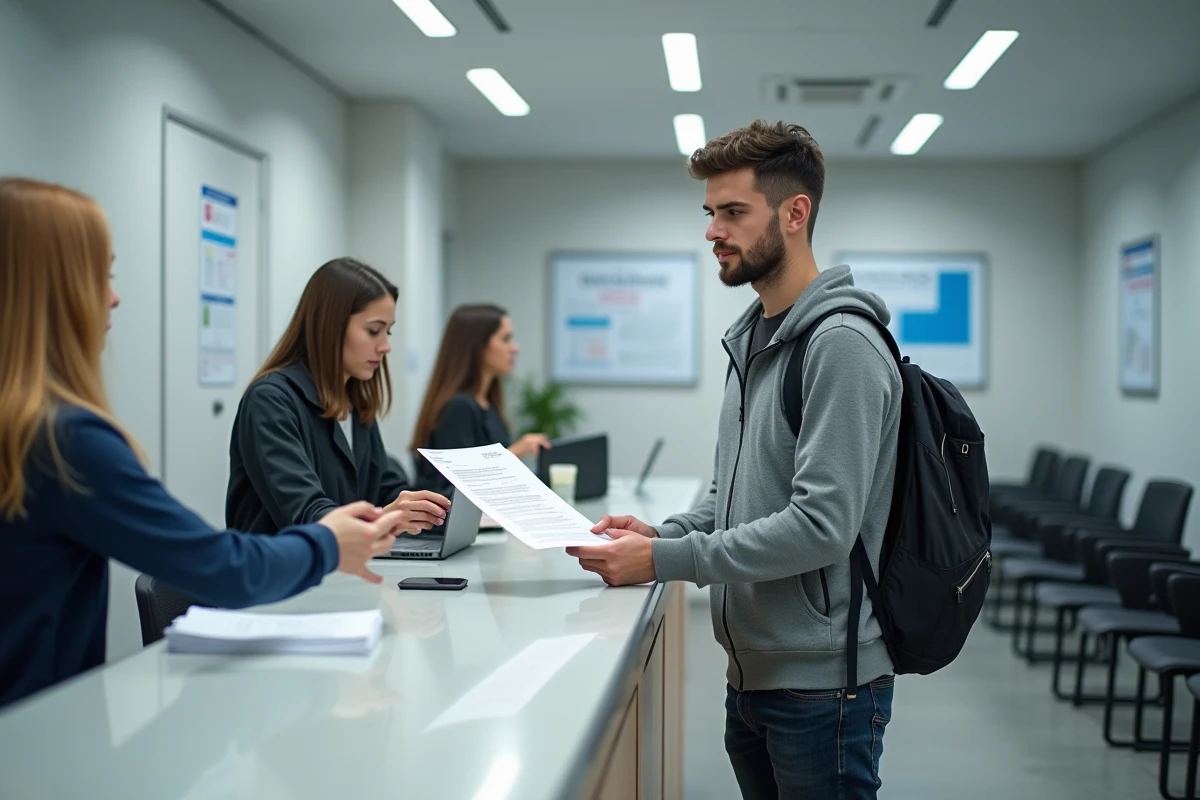 Étudiant remettant ses documents administratifs au guichet du CROUS pour obtenir son attestation de bourse