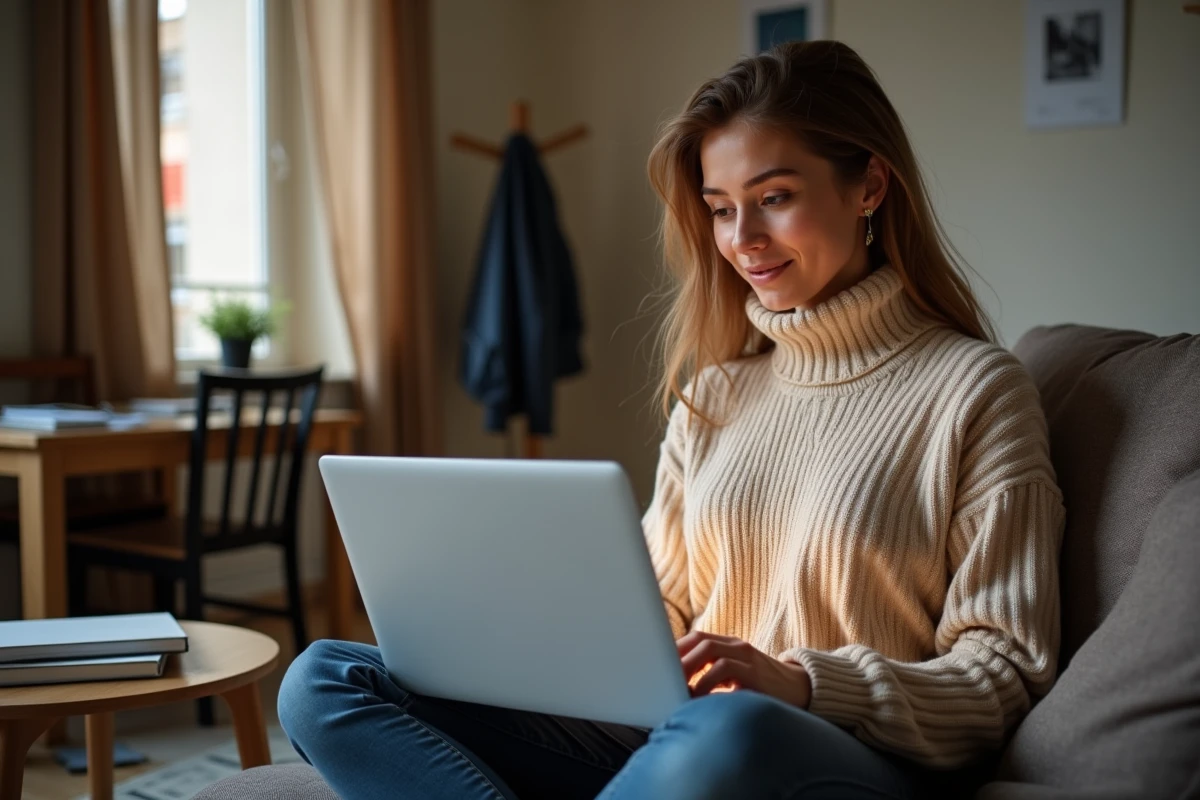 Étudiante consultant son attestation de bourse en ligne sur le portail MesServices depuis son appartement