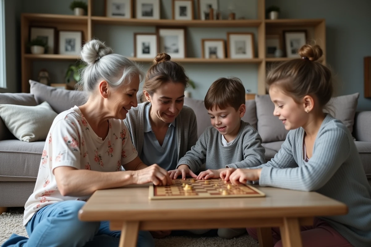 Famille multigénérationnelle réunie autour d'un jeu de société dans un salon chaleureux et bienveillant