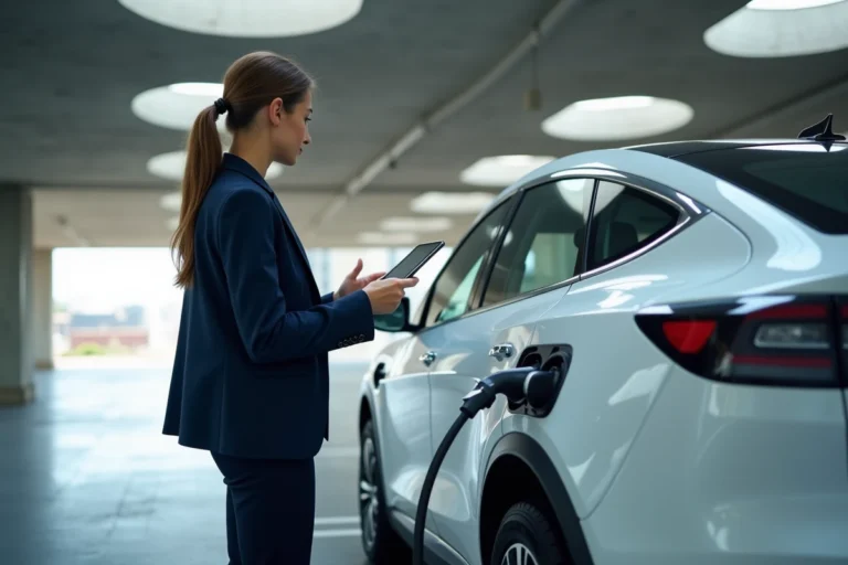 Femme d'affaires utilisant une borne de recharge pour véhicule électrique dans un parking urbain moderne