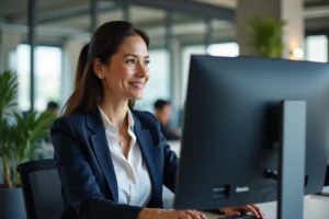 Femme professionnelle analysant des données de visibilité web sur un écran dans un bureau moderne