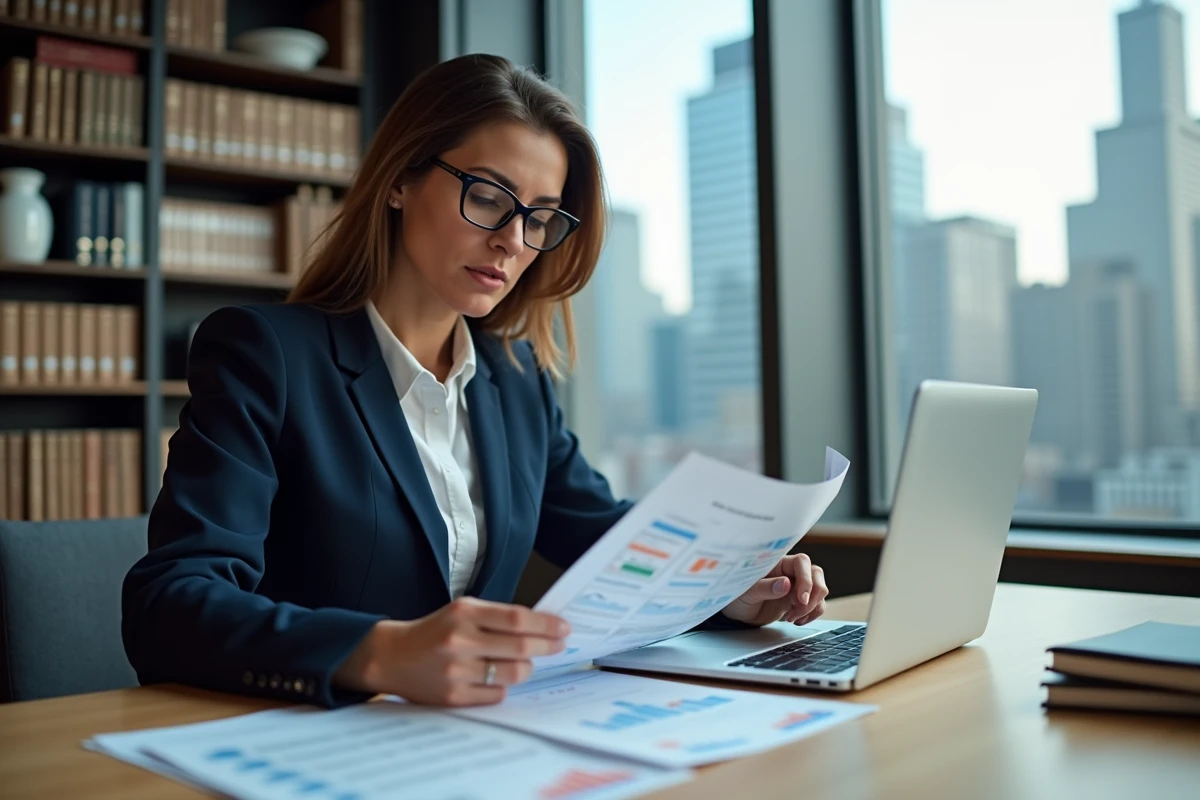 Femme cadre en blazer navy analysant des documents de défiscalisation dans un bureau moderne avec vue sur la ville