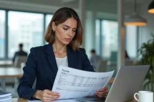 Cadre professionnelle analysant une fiche de paie avec salaire brut et net dans un bureau moderne