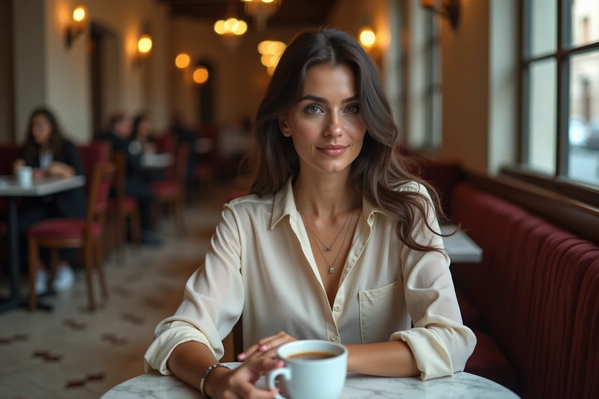 Portrait d'une femme élégante aux traits méditerranéens assise dans un café parisien, évoquant la discrétion et la confidentialité