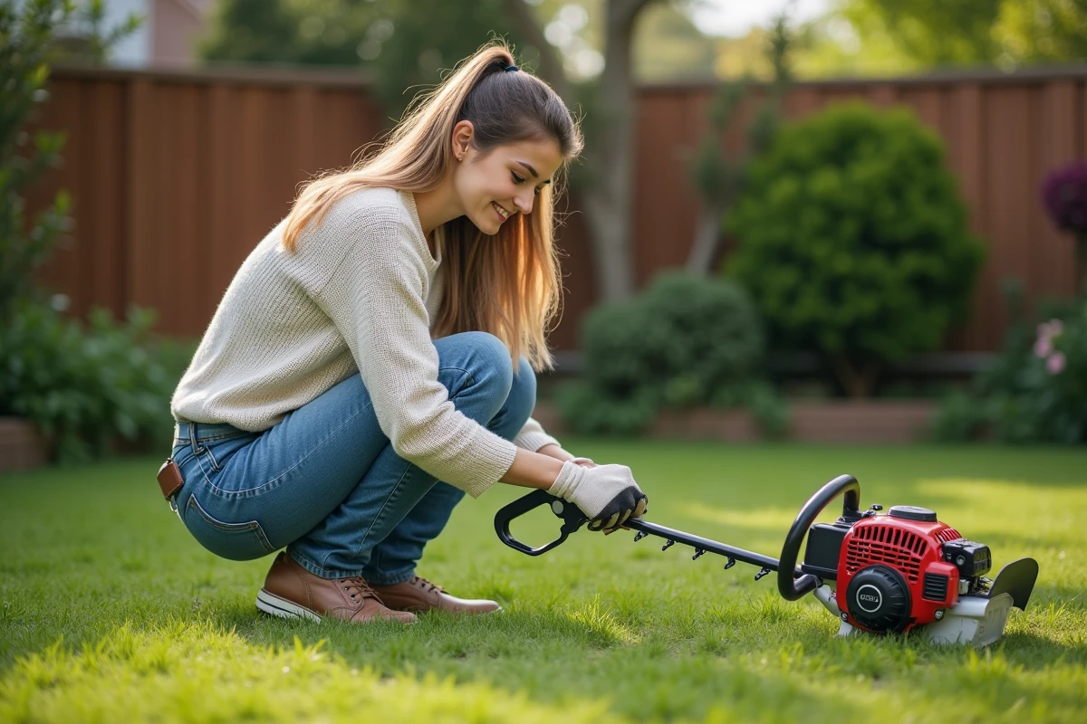 Femme utilisant un coupe-betons dans son jardin