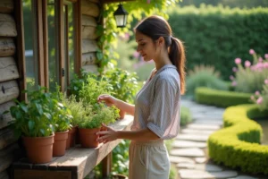 Femme arrangeant des herbes dans un jardin accueillant