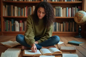 Femme assise dans une librairie entourée de livres ouverts sur divers sujets pour enrichir sa culture générale