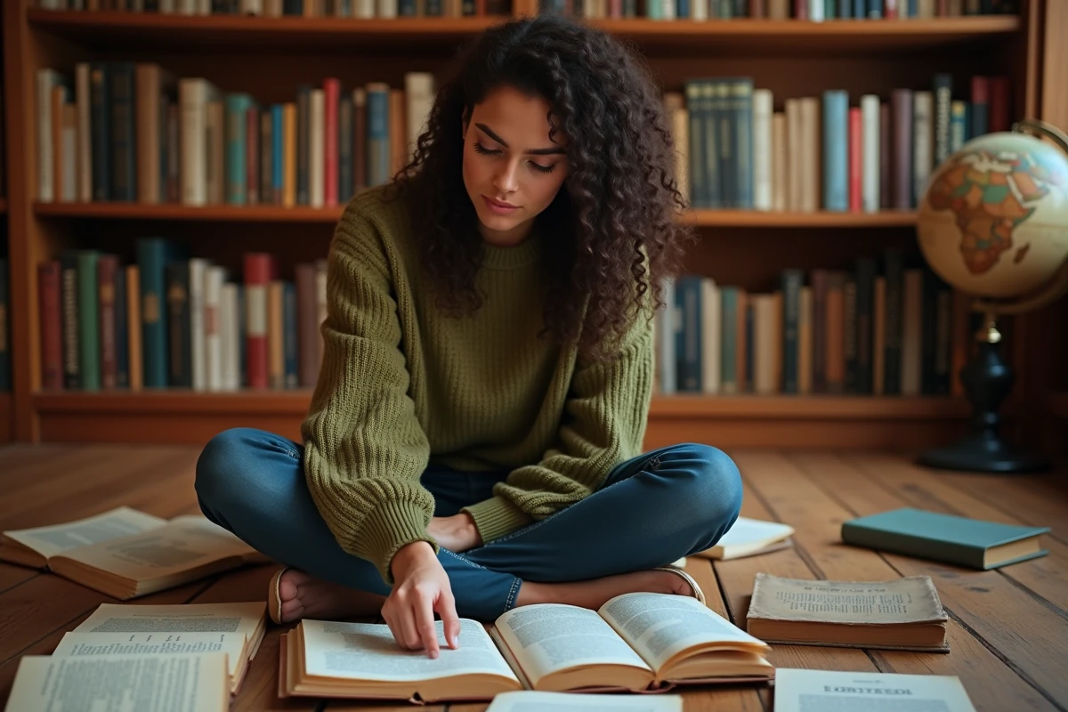 Femme assise dans une librairie entourée de livres ouverts sur divers sujets pour enrichir sa culture générale