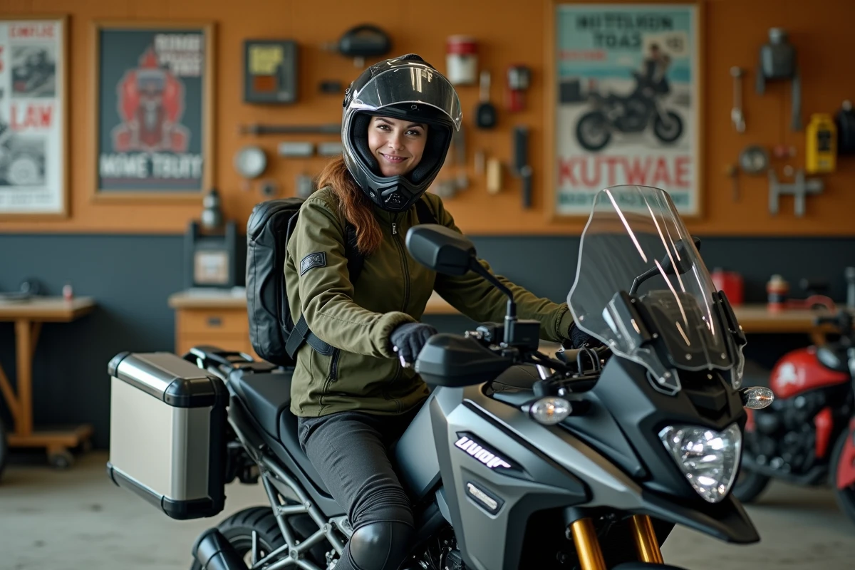 Femme motarde en équipement textile assise sur une moto d'aventure devant un atelier mécanique