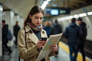 Jeune femme avec trench et écharpe regardant plan metro parisien