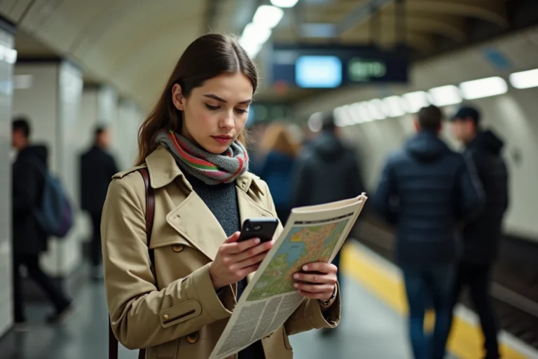Jeune femme avec trench et écharpe regardant plan metro parisien