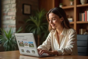 Femme consultant une plateforme immobilière sur son ordinateur portable pour trouver la maison de ses rêves