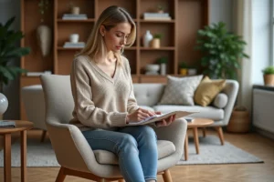 Femme choisissant un fauteuil dans un showroom moderne
