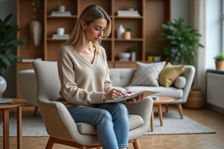 Femme choisissant un fauteuil dans un showroom moderne