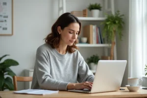 Femme utilisant un service immobilier en ligne sur son ordinateur portable dans un bureau à domicile moderne