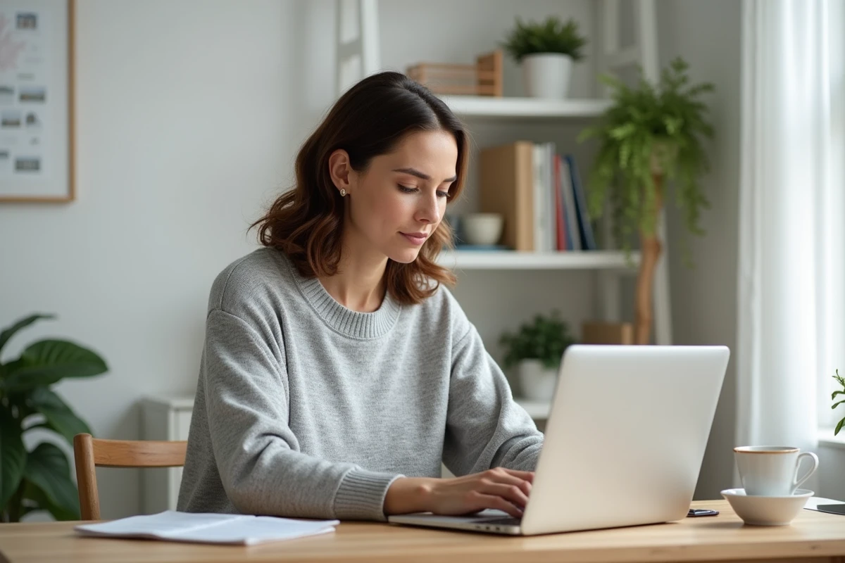 Femme utilisant un service immobilier en ligne sur son ordinateur portable dans un bureau à domicile moderne