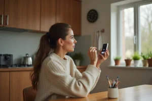 Femme utilisant un système de sécurité connecté Foyerlumina dans une cuisine familiale moderne