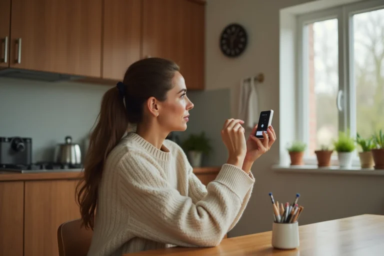 Femme utilisant un système de sécurité connecté Foyerlumina dans une cuisine familiale moderne