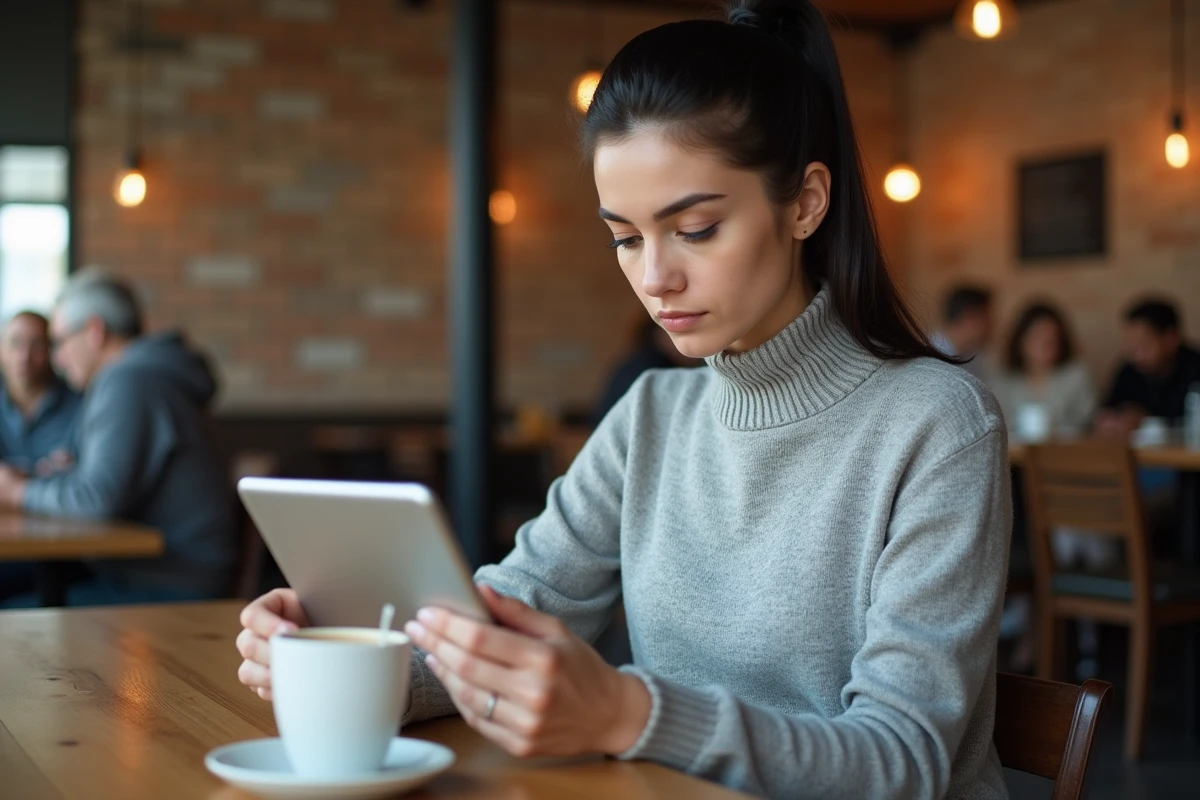 Femme utilisant une tablette dans un café urbain pour rechercher des astuces d'accès à des plateformes en ligne