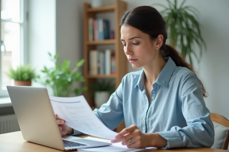 Femme consultant un dossier de location en ligne sur son ordinateur portable dans un appartement moderne, vérifiant la fiabilité d'une plateforme immobilière