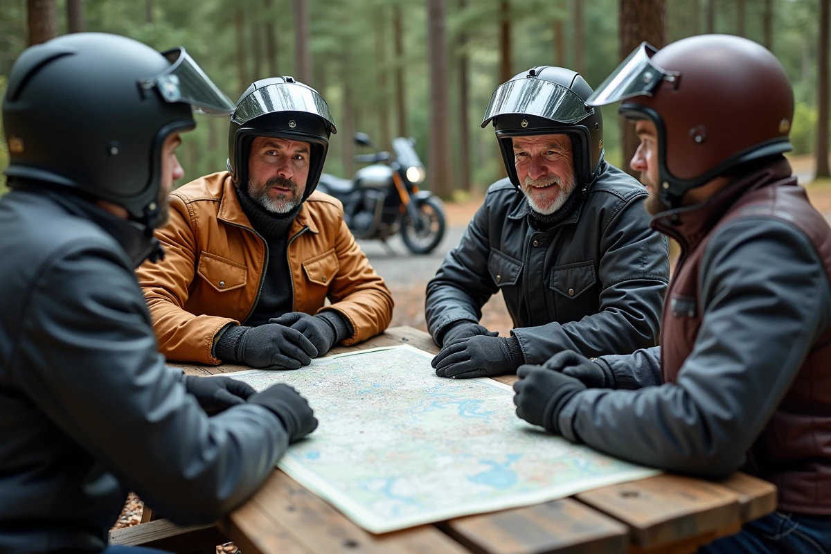 Groupe de motards consultant une carte lors d'une pause en forêt de montagne pendant un road trip