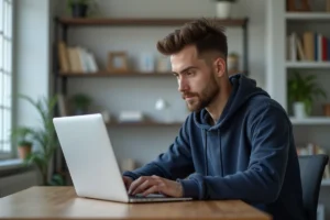 Jeune homme consultant des alternatives en ligne sur son ordinateur portable dans un bureau à domicile moderne