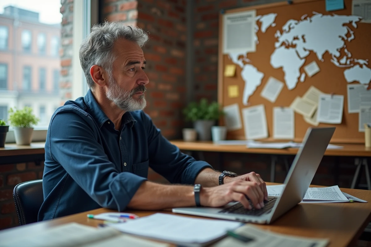 Homme travaillant dans un bureau à domicile entouré de documents et d'une carte du monde pour développer sa culture générale