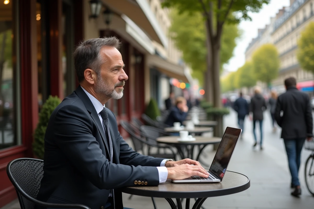 Homme d age moyen travaillant en terrasse de café parisien