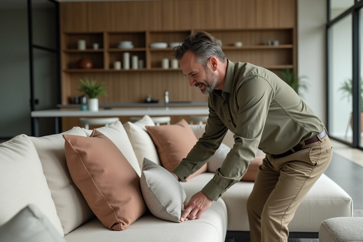 Homme arrangeant des coussins sur un canapé dans un intérieur