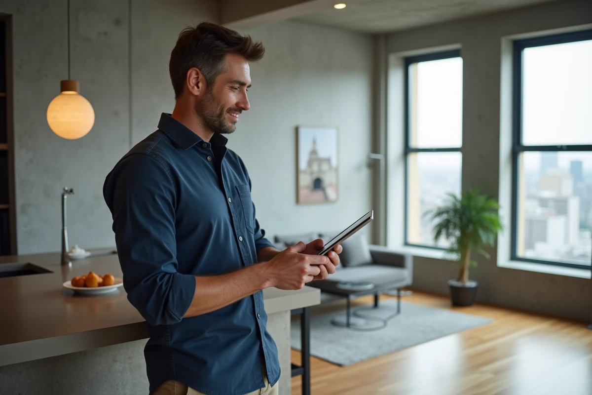 Homme consultant des documents immobiliers en ligne sur tablette dans un appartement moderne avec vue urbaine
