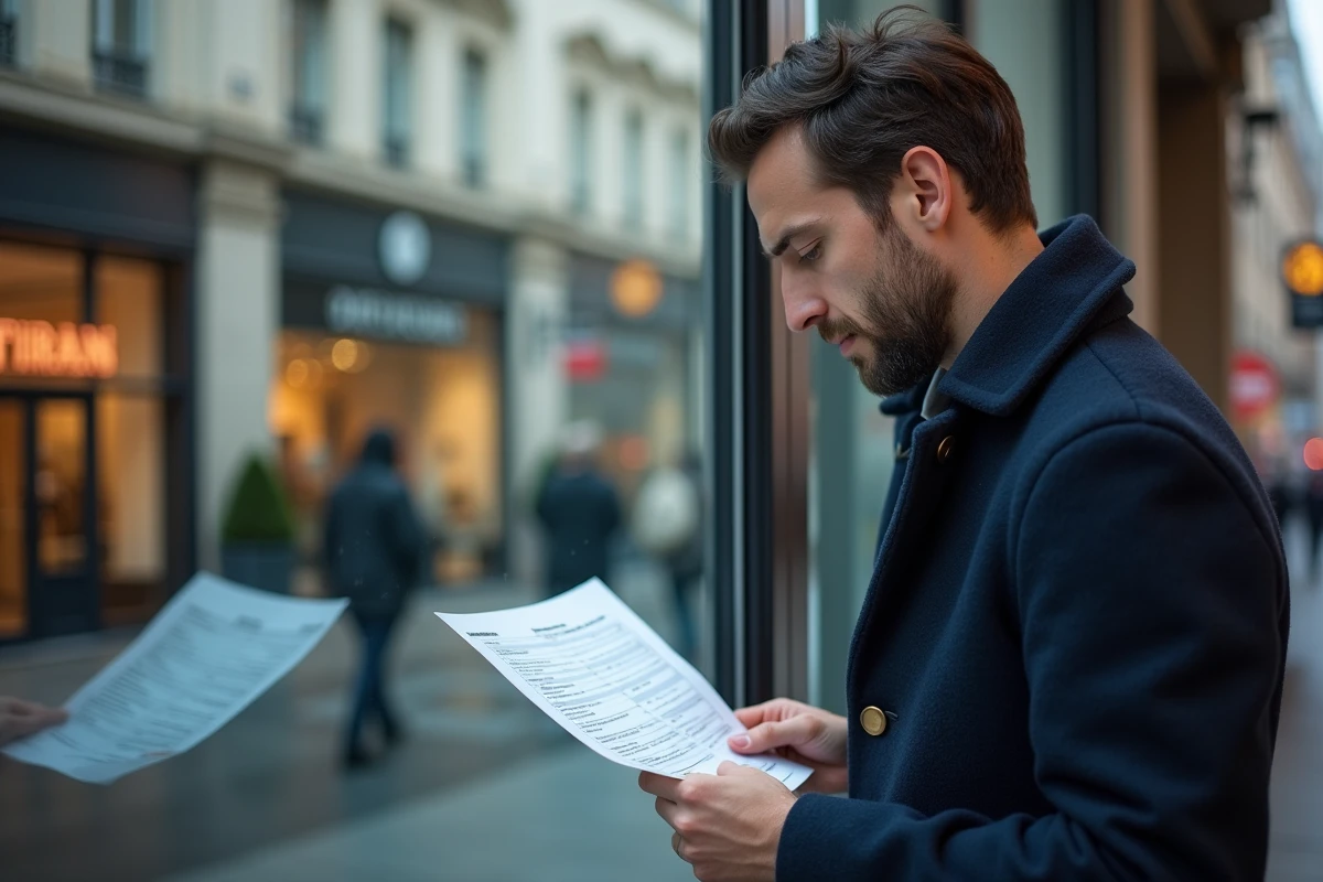 Homme tenant un dossier de location imprimé devant une agence immobilière, évaluant les documents requis pour une location appartement