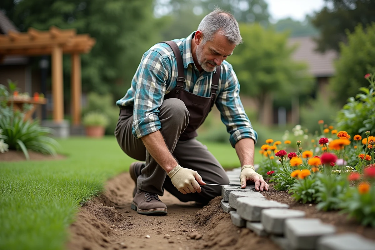 Homme construisant une bordure en pierre dans le jardin